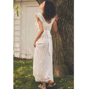 Anthropologie Ruffled Lace Bib Semi Sheer Cotton Maxi Cottage Dress Sz M NWT